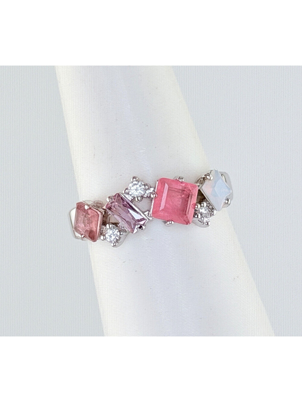 Bomb Party Sz 8 "Shimmering Jewels" Pink Quartz & Moonstone on Rhodium RG16796